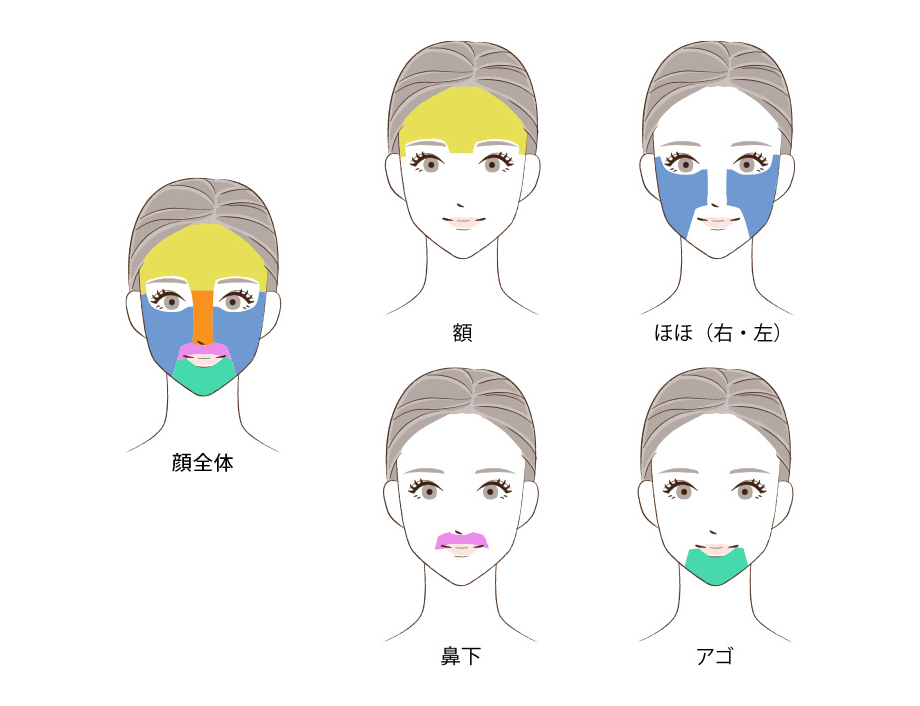 顔全体・額・ほほ（右・左）・鼻下・アゴ